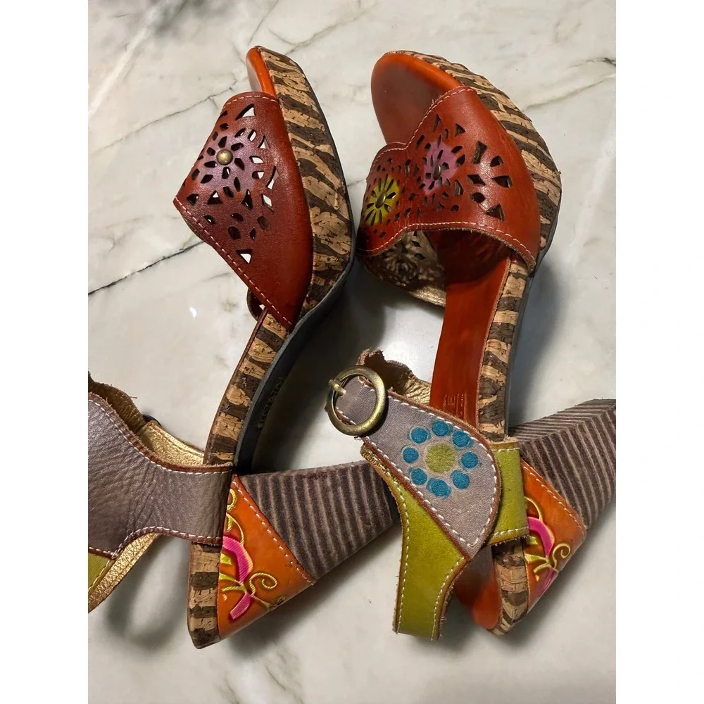 L'Artiste Spring Step Sharyn Leather Sandals Floral Hand Painted Boho Heel 39